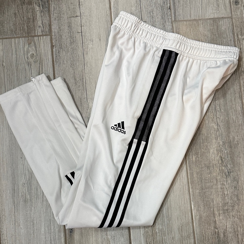 Adidas Kids White Joggers with Black Stripes